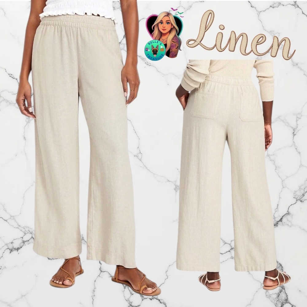 Old Navy Women Large High Rise Wide Leg Linen Pants Beige Comfort Waist Pockets